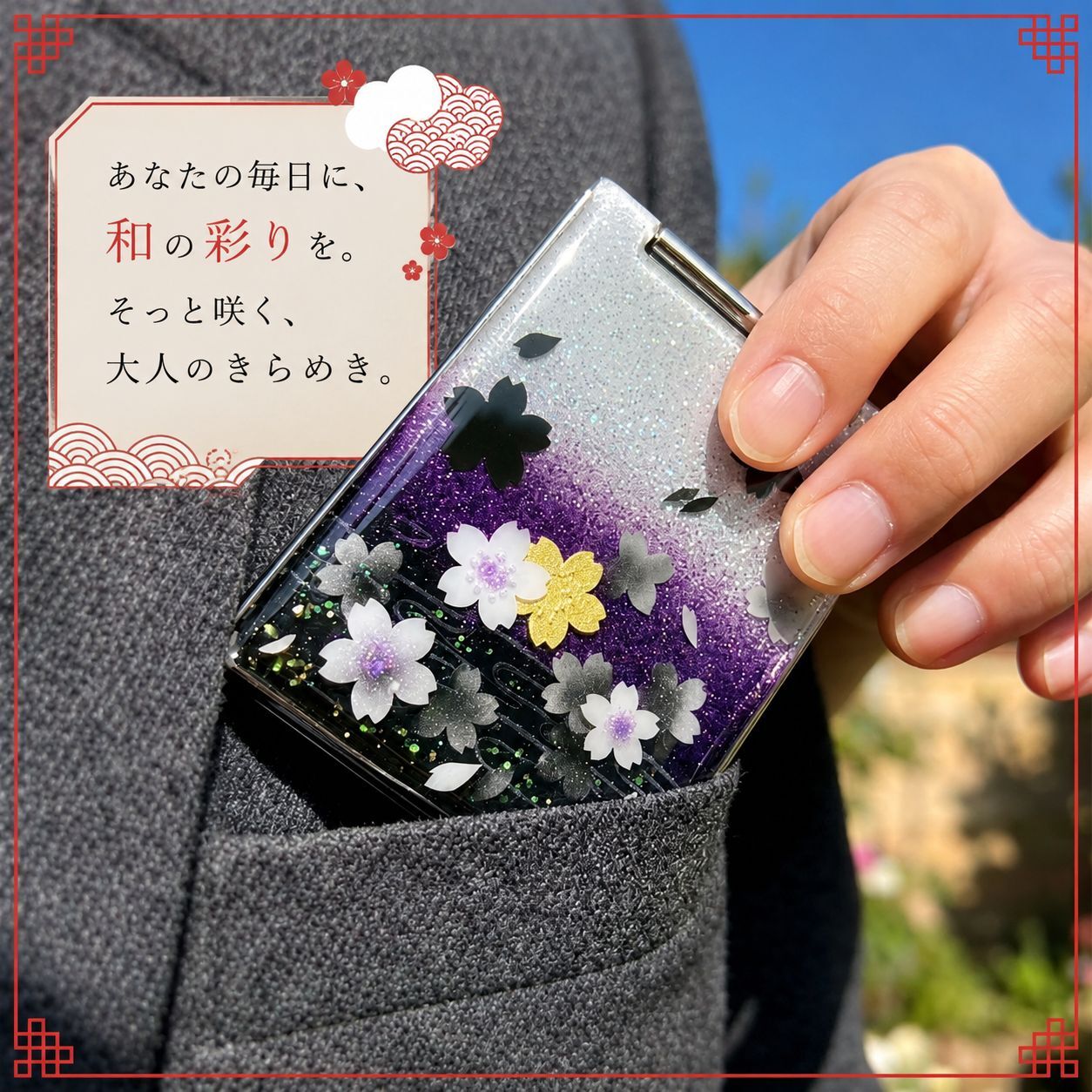 職人の手作り！和柄コンパクトミラー『塀』名入れ 送料無料 和柄 和モダン 和雑貨 和小物 手鏡 折りたたみ 桜 伝統工芸 職人 手作り ハンドメイド 記念日 プレゼント ギフト
