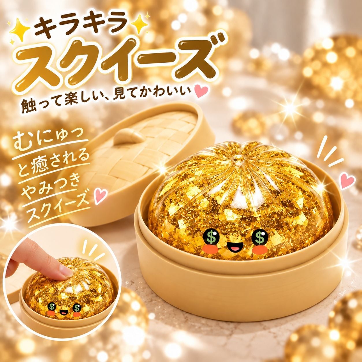 SNSでバズり中！新作 スクイーズ 金色肉まん 肉まん もちもち ぷにぷに キラキラ ゴールド 蒸籠付き SNSで話題 SNS映え 動画映え 感触玩具 ストレス解消 癒しグッズ おもしろ雑貨 子供 大人 プレゼント