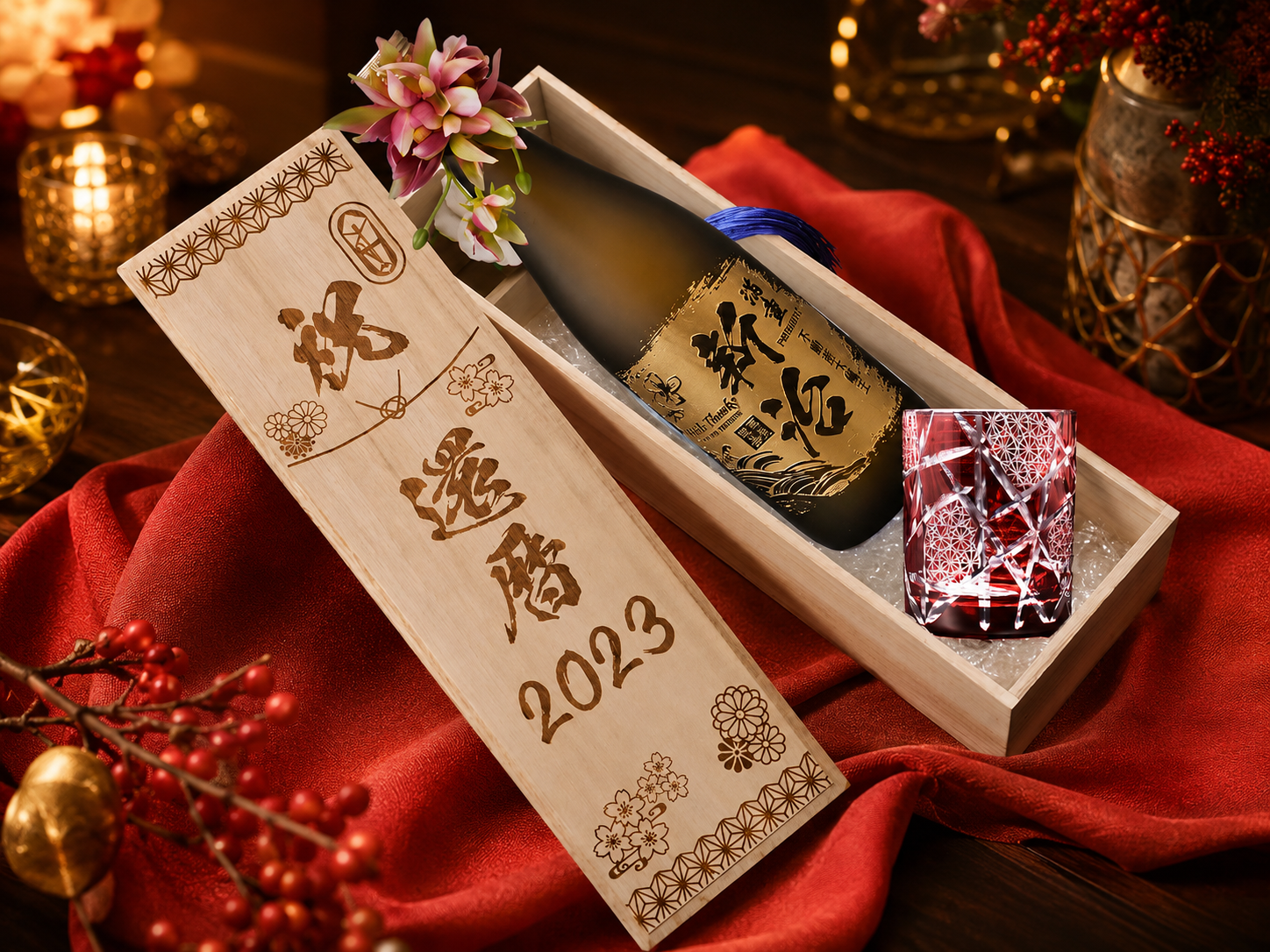 敬老の日 名入れ SXX 酒セット 切子 純米大吟醸 久保田 萬寿 720ml & 江戸菱硝子 モダン紋様 オールドグラス コサージュ付 木箱入り / プレゼント ギフト 退職 記念 誕生日 還暦 古希 喜寿 傘寿 米寿 緑寿 早寿 長寿 祝い 赤 青 紫 黒 黄 選べるカラー