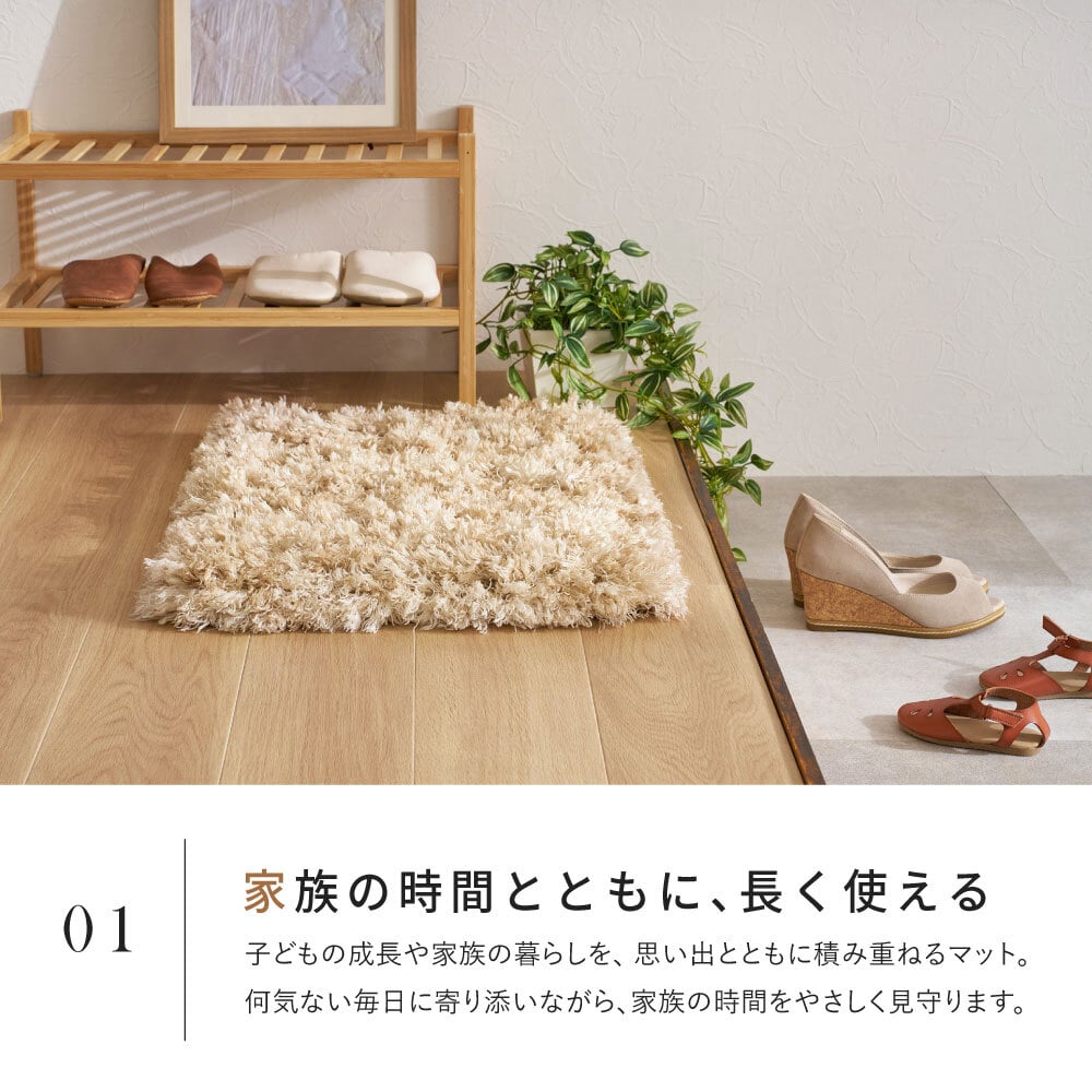 ツイストパイルのシャギーマット Relaya（リレイア） 約40×60cm 玄関 ポリエステル 使い込むほどねじれがほどけ やわらかな風合いへ ツイストした長いパイルが立ち上がり 玄関での履き替えや 家族が集まる床時間を心地よく支えます 新生活