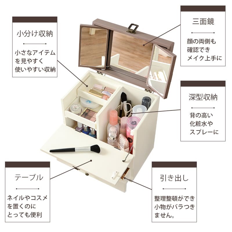ドレッサー コスメボックス メイク メイクボックス ドレッサー 収納 鏡台 化粧台 コンパクト 大容量 かわいい おしゃれ 三面鏡 化粧品ボックス アンティーク風 大人可愛い 引き出し収納付き \3%OFFクーポン配布中 ミラー インテリア