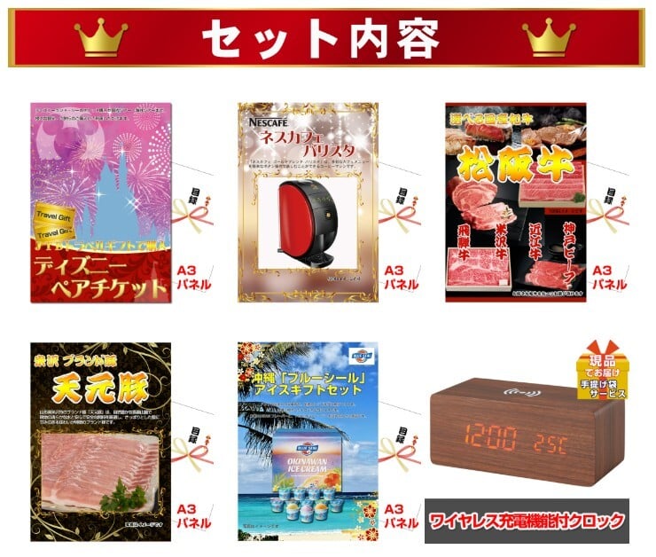 ビンゴ・二次会の景品はお任せ 景品 セット ビンゴ 二次会 ディズニーペアチケット人気パネル景品５枚＆現品２０点セットD 景品パネル＆引換券付き目録 15283 結婚式 ゴルフコンペ イベント 抽選会