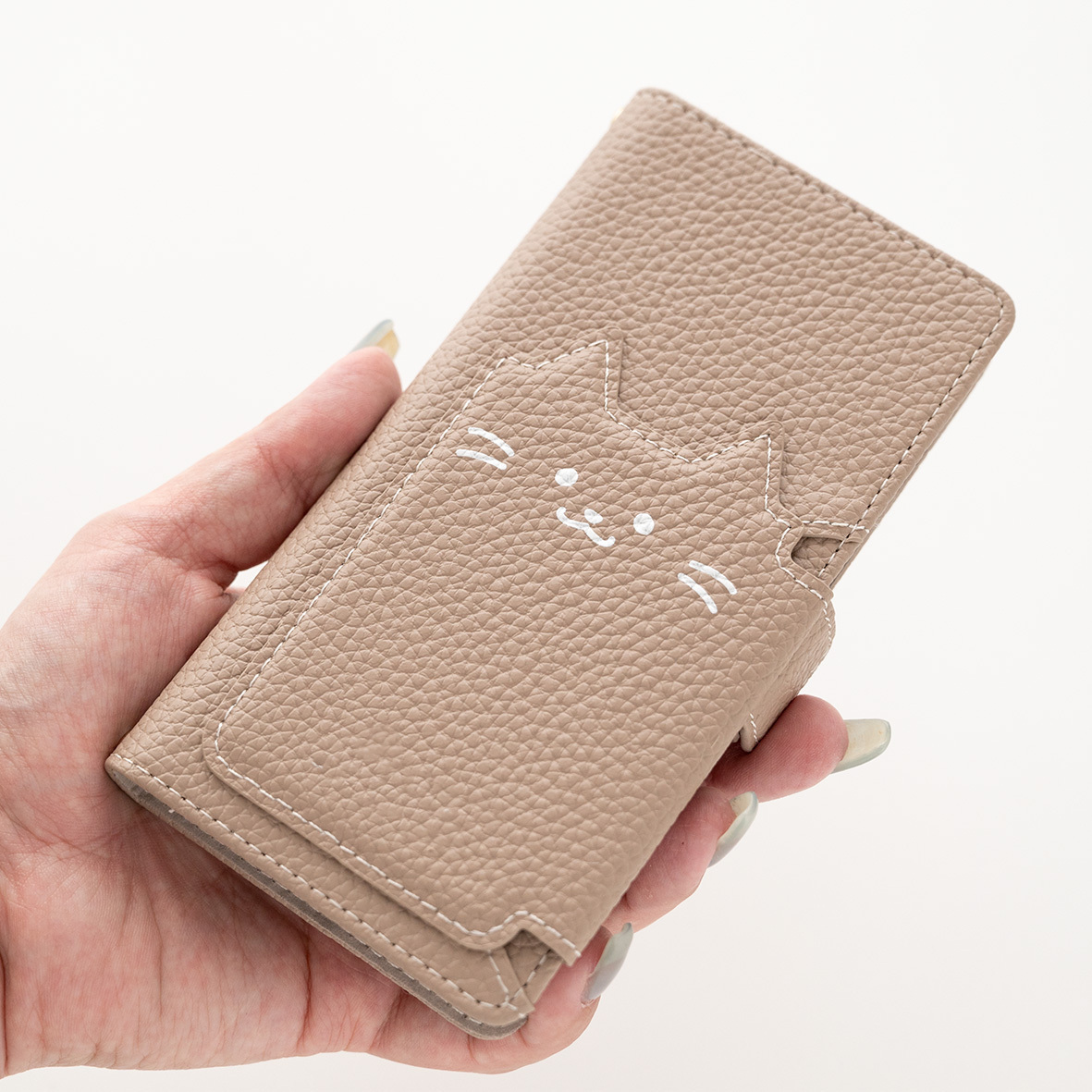 多機能対応 スマホケース 手帳型 【 クイックカードポケット付き ねこフラップ -シンプルフェイス- 】 ミラー付き スタンド ねこ くすみカラー プレゼント iPhone Google