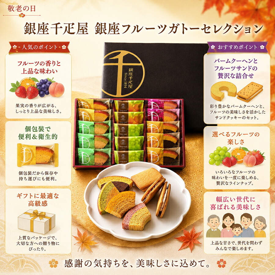  敬老の日2026 銀座千疋屋 銀座ガトーセレクション kR6-0016-03  2つの味が絶妙なハーモニーの「フルーツクーヘン」 プレゼント ちょうどいい品物 ええもの広場 ばあちゃん じいちゃん