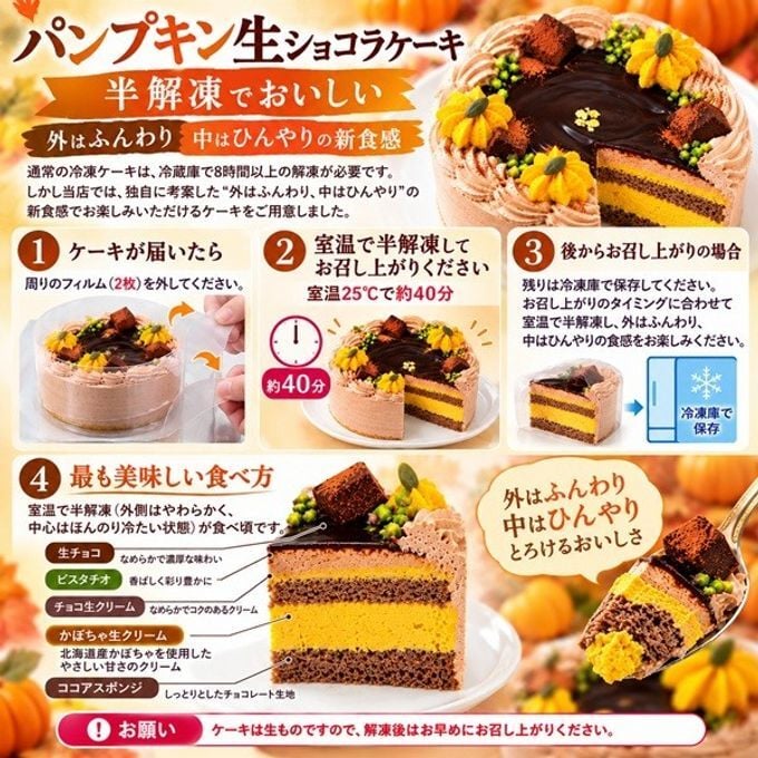 NEW おばけのパンプキン生ショコラ 4号｜室温で半解凍、外はふんわり、中はひんやりとした新食感ハロウィン限定 かぼちゃ×濃厚チョコレートケーキ ハロウィン2026
