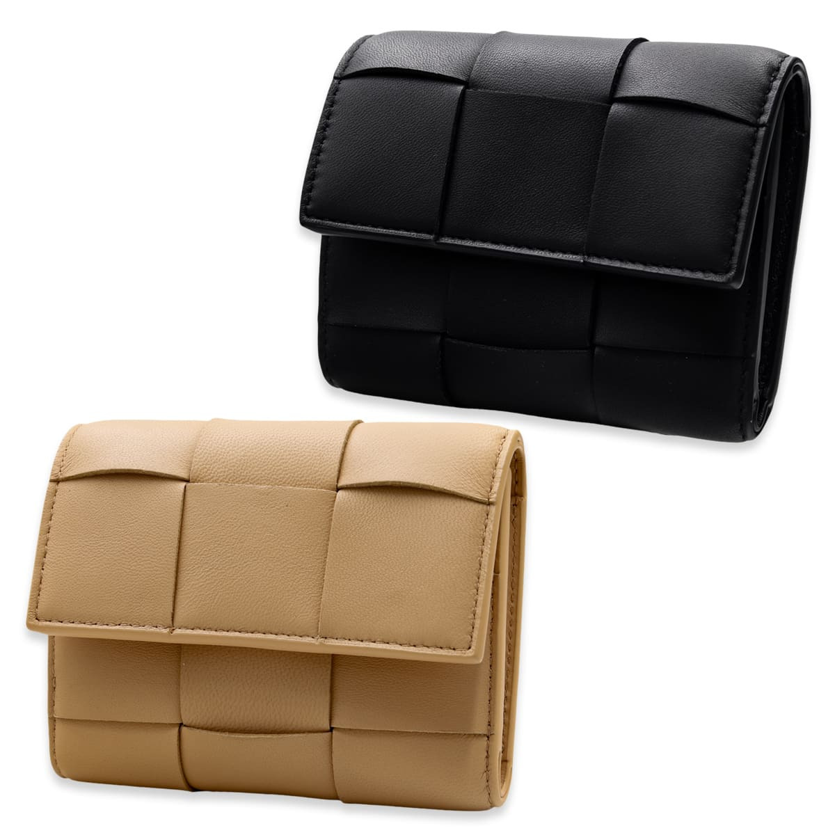 選べる2色 ボッテガヴェネタ BOTTEGA VENETA 三つ折り財布 カセット マキシイントレチャート メンズ レディース ミニ財布 本革 レザー 小銭入れ ブラック 黒 アーモンド ベージュ 651372 V3UO1