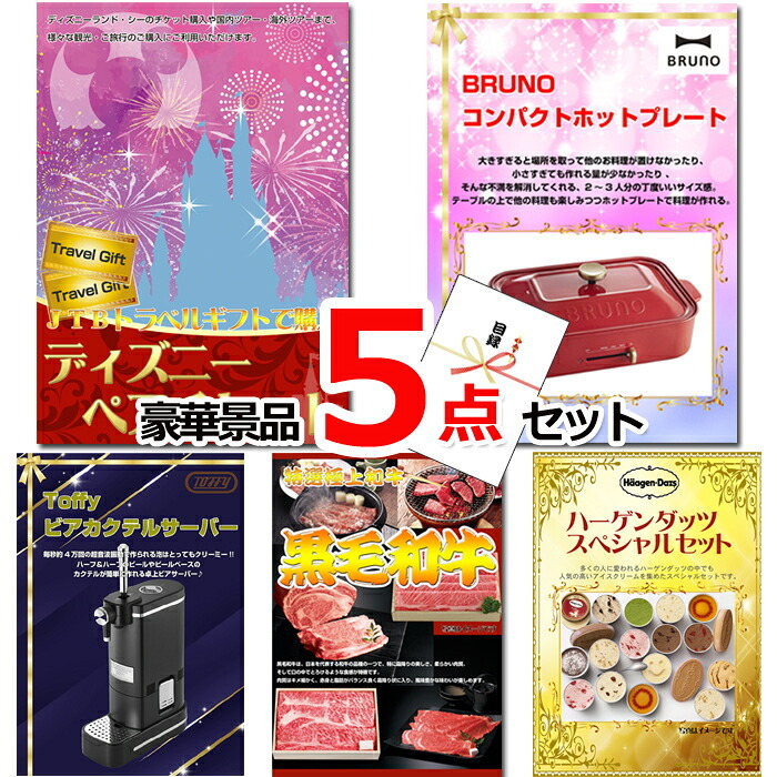 ビンゴ・二次会の景品はお任せ 結婚式 景品 二次会 ビンゴ ディズニーペアチケット＆ホットプレート＆ビアサーバー他豪華5点セット 景品パネル＆引換券付き目録 15508 景品 目録 パネル イベント 抽選会