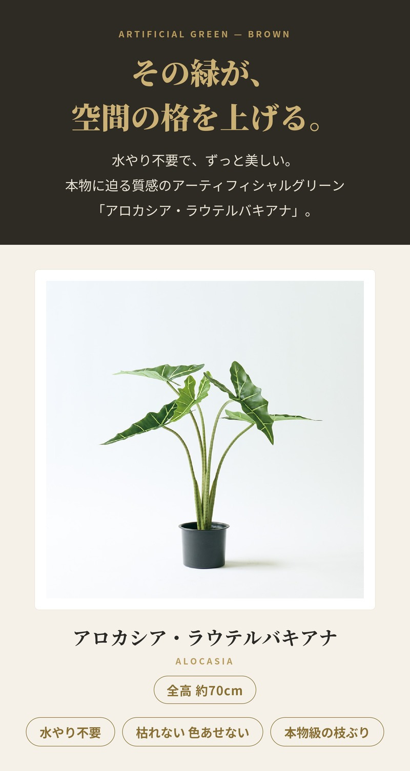 観葉植物 造花 アロカシア・ラウテルバキアナ BROWN 全高約70cm フェイクグリーン 高級 本物そっくり リアル おしゃれ 卓上 インテリア 人工観葉植物 アーティフィシャルグリーン モダン オフィス 店舗 開店祝い 室内 リビング 玄関 寝室 風水 クワズイモ