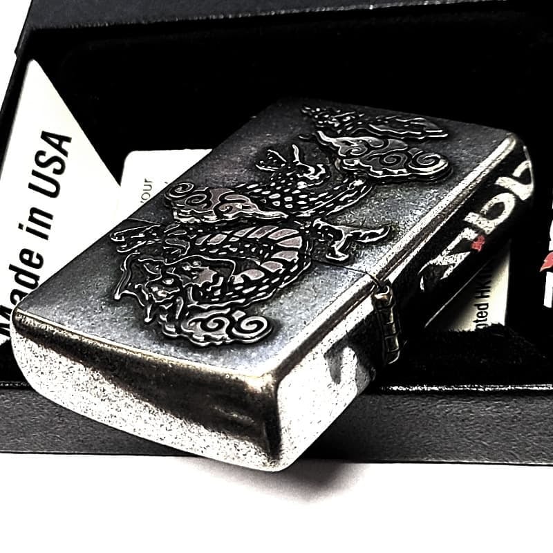 ZIPPO ライター 龍 メタル重ね貼り ドラゴン ジッポ 竜 クロームバレル アンティークシルバー 和柄 日本 おしゃれ かっこいい メンズ 渋い ギフト プレゼント
