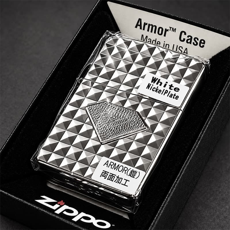 ZIPPO ライター アーマー ミラクルダイアモンド ホワイトニッケル 両面加工 ジッポ Miracle Diamond ダイヤカット 彫刻 シルバー メンズ かっこいい メタル貼り おしゃれ ギフト 重厚 プレゼント