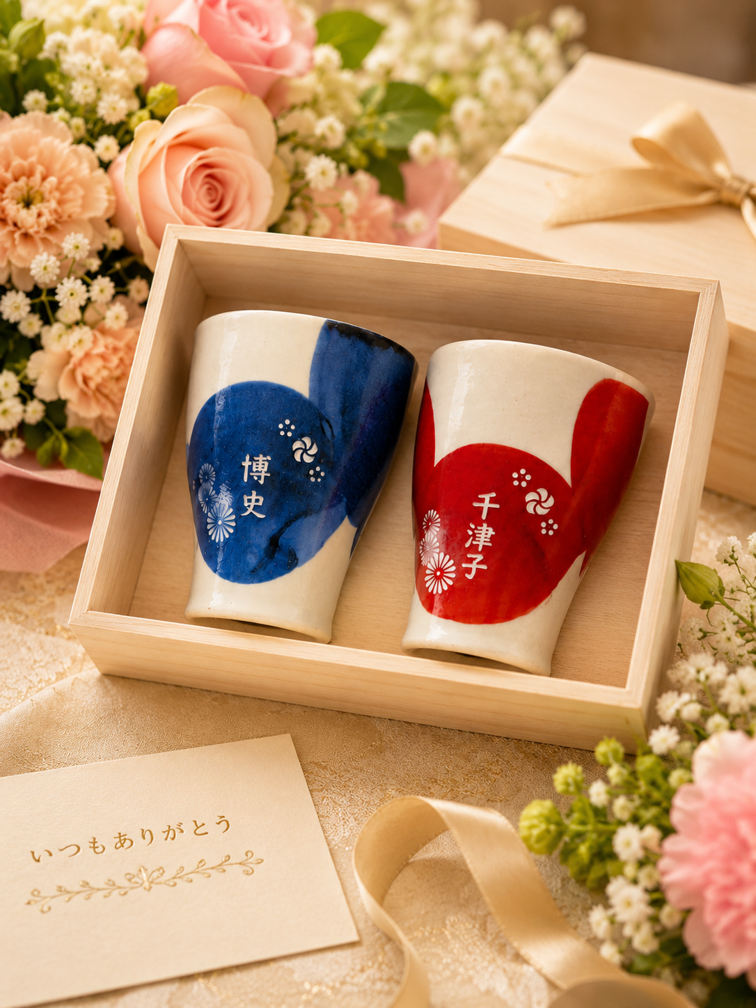 敬老の日 退職 名入れ ペアギフト SXX 波佐見焼 夫婦湯呑 円 MADOKA 赤 青 2点セット 木箱入り / プレゼント ギフト 両親 夫婦 結婚 金婚式 銀婚式 退職 記念 誕生日 長寿 祝い