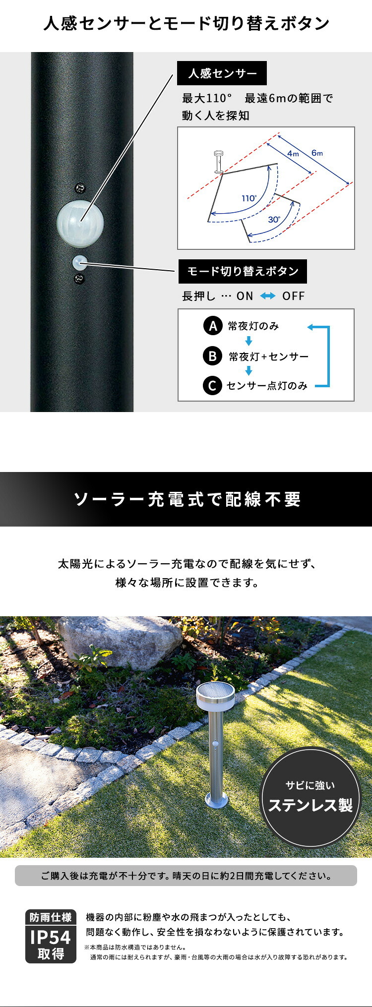 ガーデンソーラーライト 工事不要 ガーデンソーラーセンサー 2W丸型 ソーラー発電 メンテナンス不要 点灯モード 自動点灯 センサー機能 防犯対策 ステンレス製 錆に強い 屋外ライト ガーデンライト 防犯ライト 太陽光 太陽光発電 ソーラー照明 庭照明 新生活