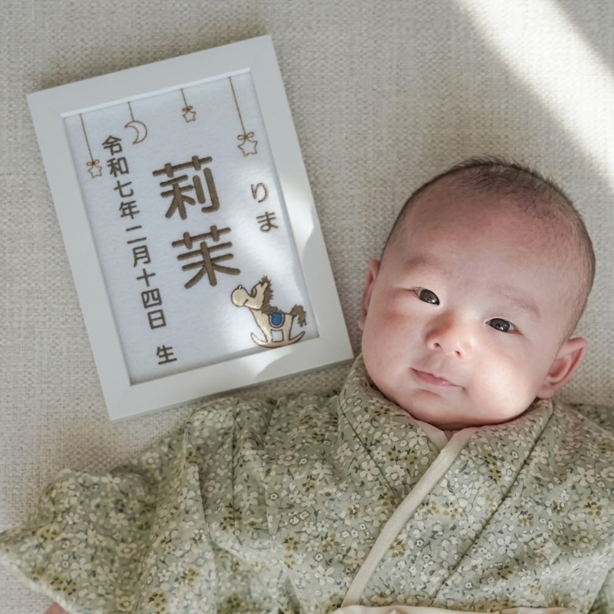 【木馬刺繍命名書】刺繍 命名書 フレーム付き 額付き シンプル 赤ちゃん 命名紙 台紙  名入れ ギフト 1歳 誕生日 記念品 出産祝い ２Ｌサイズ  ギフト プレゼント おしゃれ かわいい 額縁
