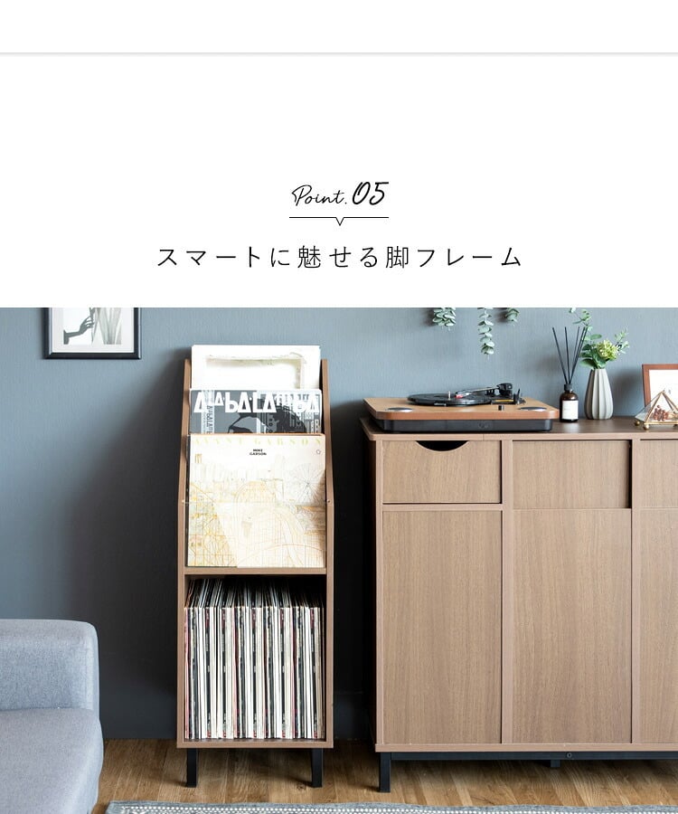 収納家具 ラック レコード ディスプレイ 本棚 おしゃれ ビンテージ モダン Calmato ヴィンテージ マガジン 斜めカットデザイン 木目柄 ブラウン 幅35.5 高さ100 ガラス板 LP 雑誌 絵本 写真集 収納棚
