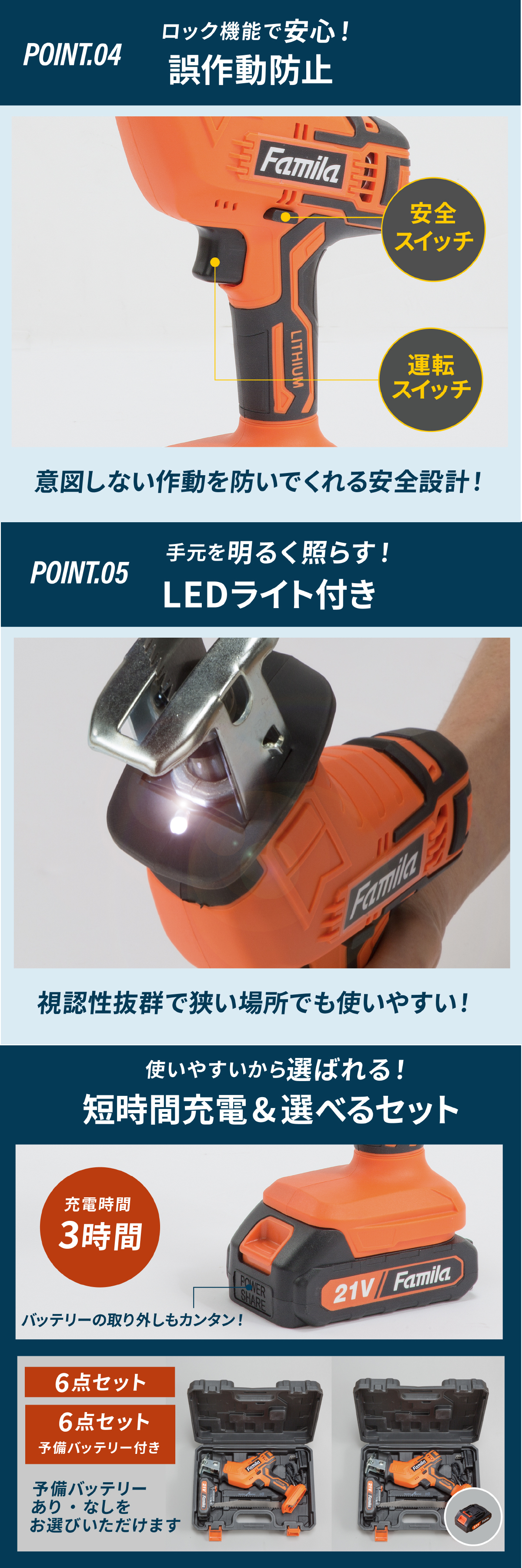 電動のこぎり 充電式 コードレスのこぎり 防刃手袋付き 予備バッテリー付き レシプロソー 最大3000回転 15mmストローク 替え刃4枚 木材 金属 プラスチック 枝切り 庭木 剪定 粗大ごみ 解体 DIY 日曜大工 LEDライト ロック機能 軽量 収納ケース 家庭用 ファミリー・ライフ