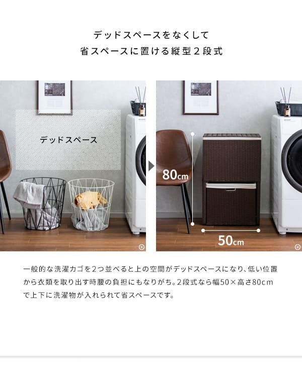 収納家具 ラック ランドリーボックス 収納 上下 2段 洗濯かご カゴ バスケット RB-500 スリム 縦型二段式 ラタン 軽量 キャスター付き フタ付 ふた付き 洗濯物入れ おしゃれ 分別 ランドリーバスケット 大容量 脱衣カゴ ランドリー収納