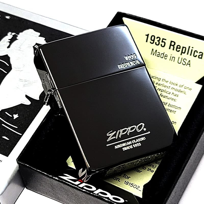 ZIPPO オールドロゴ 1935復刻 レプリカ ジッポ ライター ブラックニッケル シンプル 彫刻 角型 外ヒンジ 3バレル かっこいい 銀差し 黒 おしゃれ 高級 メンズ プレゼント ギフト