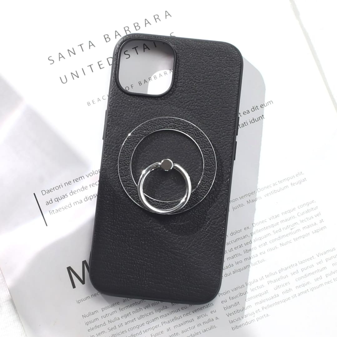 iphone15 ケース レザー iphone15Pro iphone15Plus iphone15ProMAX リング付き 本革 マグセーフ対応 magsafe対応 15 15plus 15pro 15promax アイフォン15 アイフォン15promax スマホリング スタンド スリム 山羊革 15プロ 15プロマックス ブラック メタリック 送料無料
