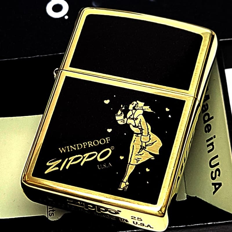 ZIPPO ウインディハート ブラス×ブラック ジッポ Windy ライター メンズ 両面プリント加工 おしゃれ ギフト 金 メンズ プレゼント Heart 黒 ウインディ かっこいい オイルライター レディース