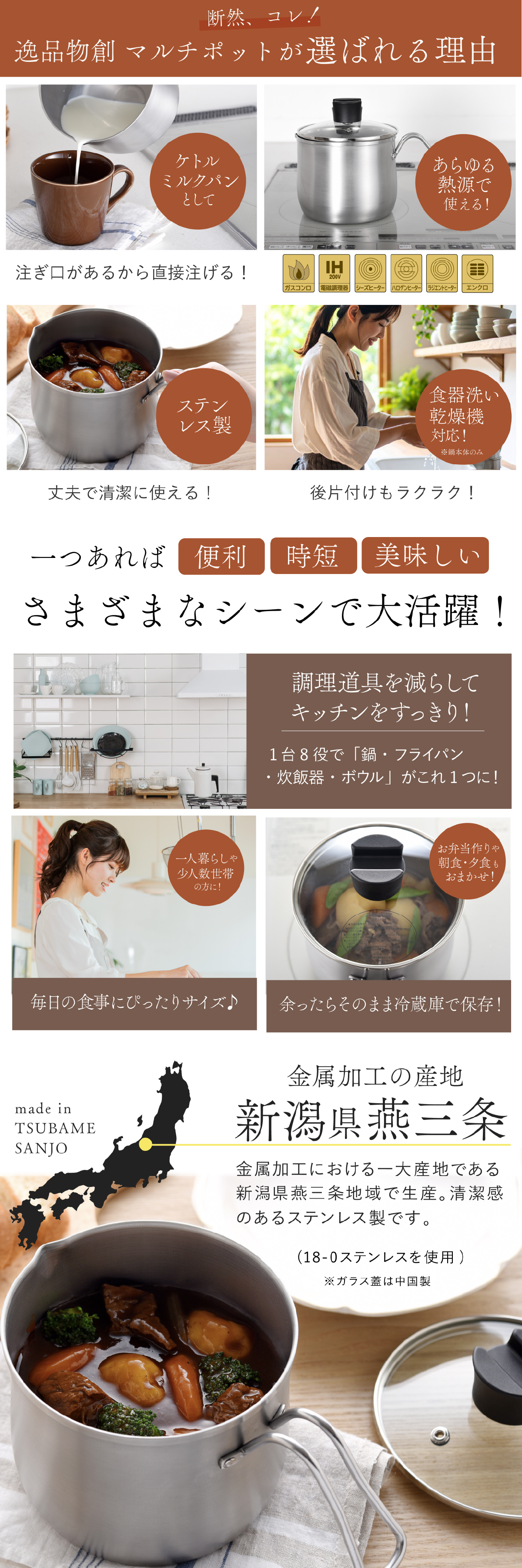 マルチポット 14cm 逸品物創 ステンレス 燕三条 日本製 2.1L 片手鍋 1台8役 煮る 茹でる 炒める 炊く 揚げる 保存 IH対応 ガス対応 食洗機対応 ガラス蓋付き 小鍋 一人鍋 一人暮らし 少量調理 コンパクト 新生活 結婚祝い 敬老の日 ギフト