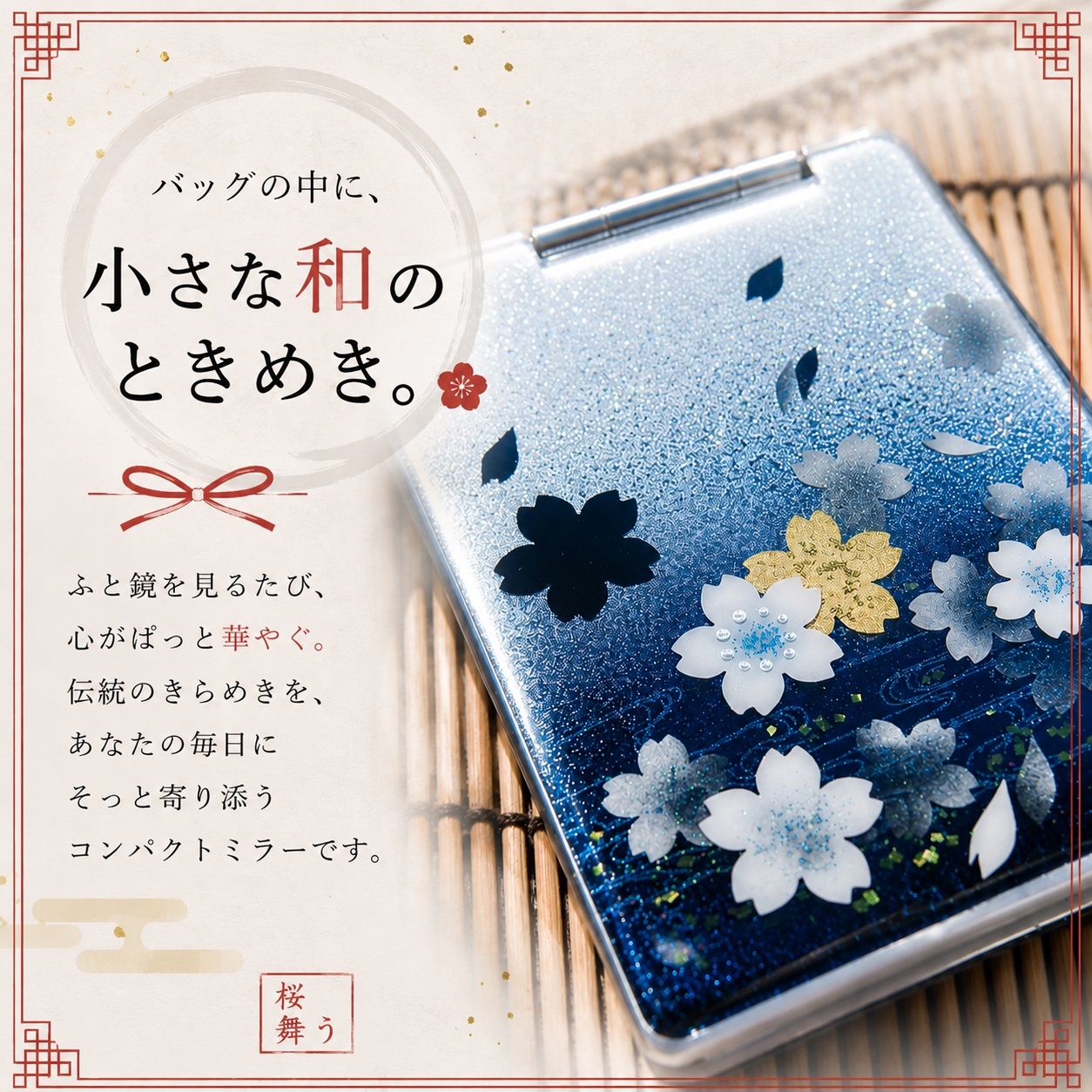 職人の手作り！和柄コンパクトミラー『塀』名入れ 送料無料 和柄 和モダン 和雑貨 和小物 手鏡 折りたたみ 桜 伝統工芸 職人 手作り ハンドメイド 記念日 プレゼント ギフト