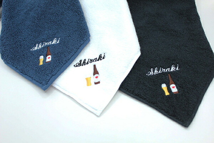 ミニタオル ビール 瓶ビール タンブラーとお名前の刺繍入り 名入れ 今治タオル ハンドタオル タオルハンカチ ハンカチタオル 25cm オリジナル オーダーメイド メンズ レディース 退職記念品 退職祝い 【mt-17】