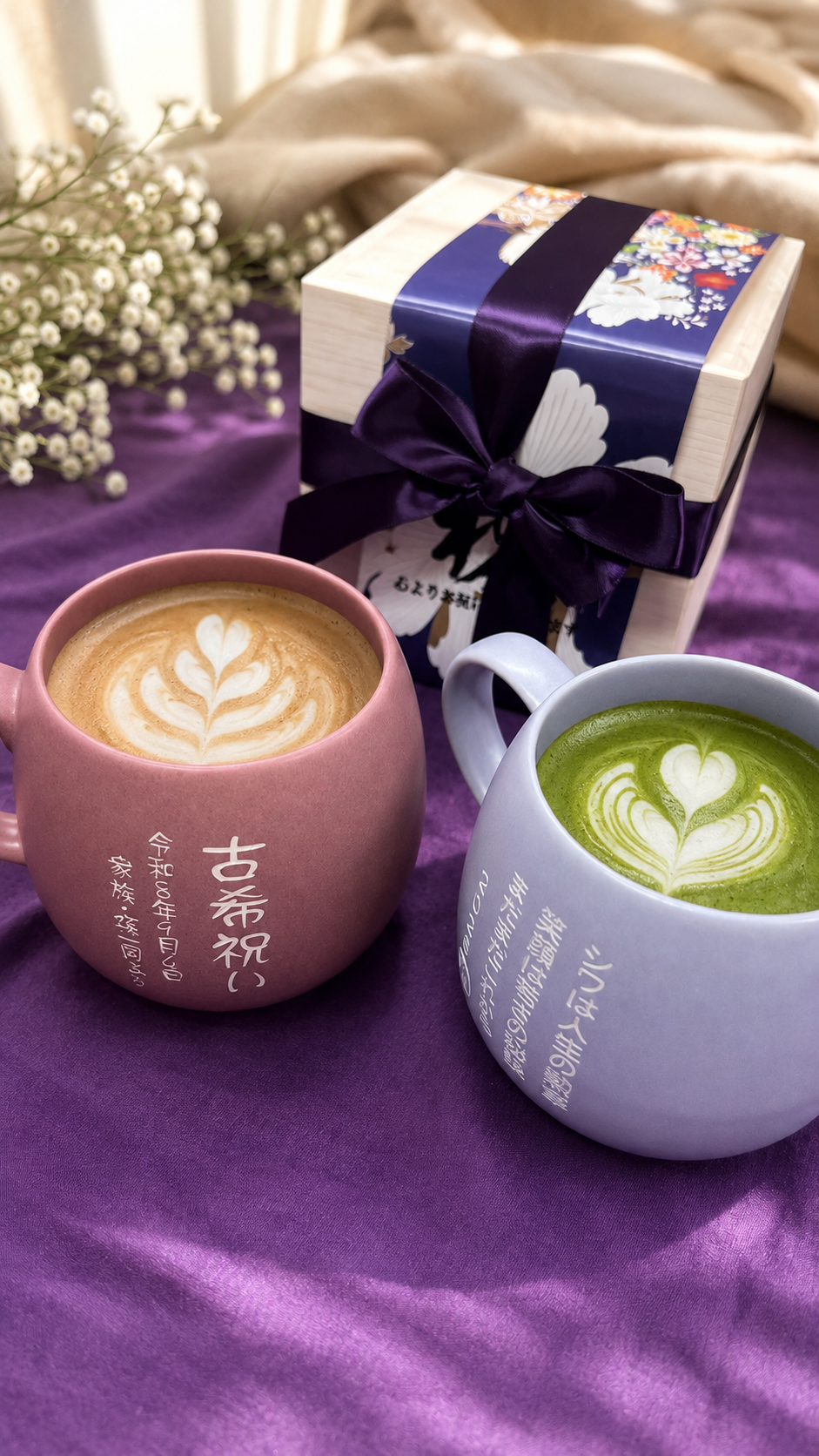 敬老の日 名入れ ギフト SXX マグカップ 日本製丸型カフェ風マグ 単品 木箱入り / プレゼント ギフト 退職 記念 誕生日 古希 喜寿 長寿 祝い 紫 パープル 70歳 77歳