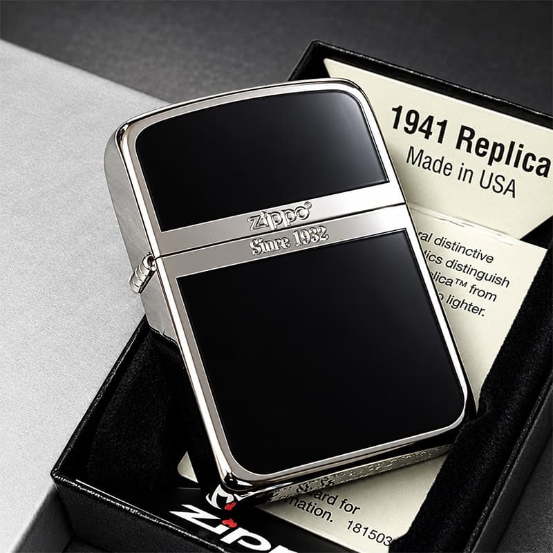 ZIPPO ライター ジッポ 1941 復刻 レプリカ シルバー＆ブラック 黒銀 スタンダード 両面加工 かっこいい おしゃれ シンプル 丸角 メンズ ギフト