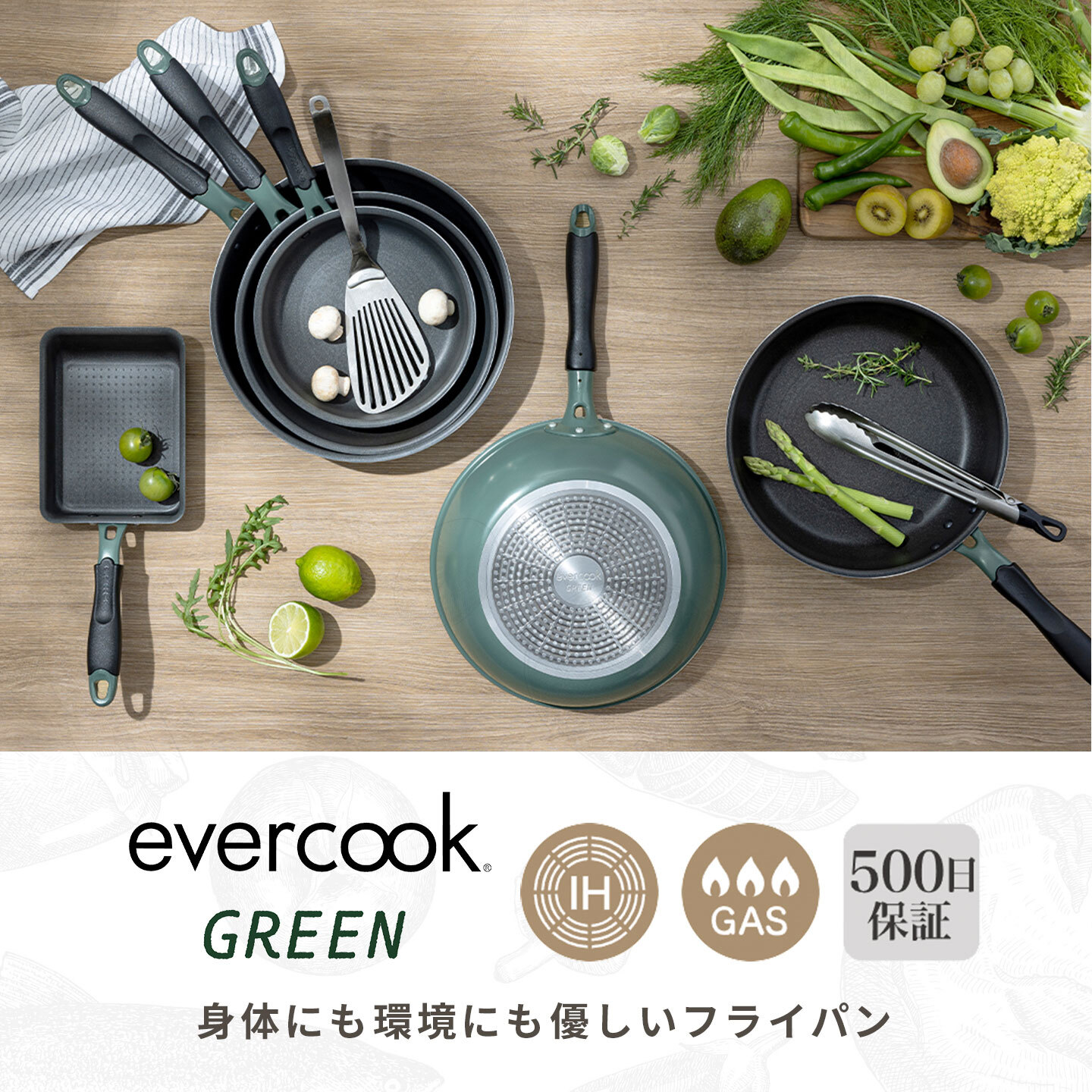 フライパン evercook GREEN エバークック グリーン 24cm IH ガス EGIFPL24GR ドウシシャ DOSHISHA PFAS フッ素 有害物質 フリー 不使用 安全 軽い 浅型 中型 鍋 おしゃれ かわいい くっつかない こびりつかない 焦げ付かない 長持ち 500日保証 調理器具 ギフト プレゼント