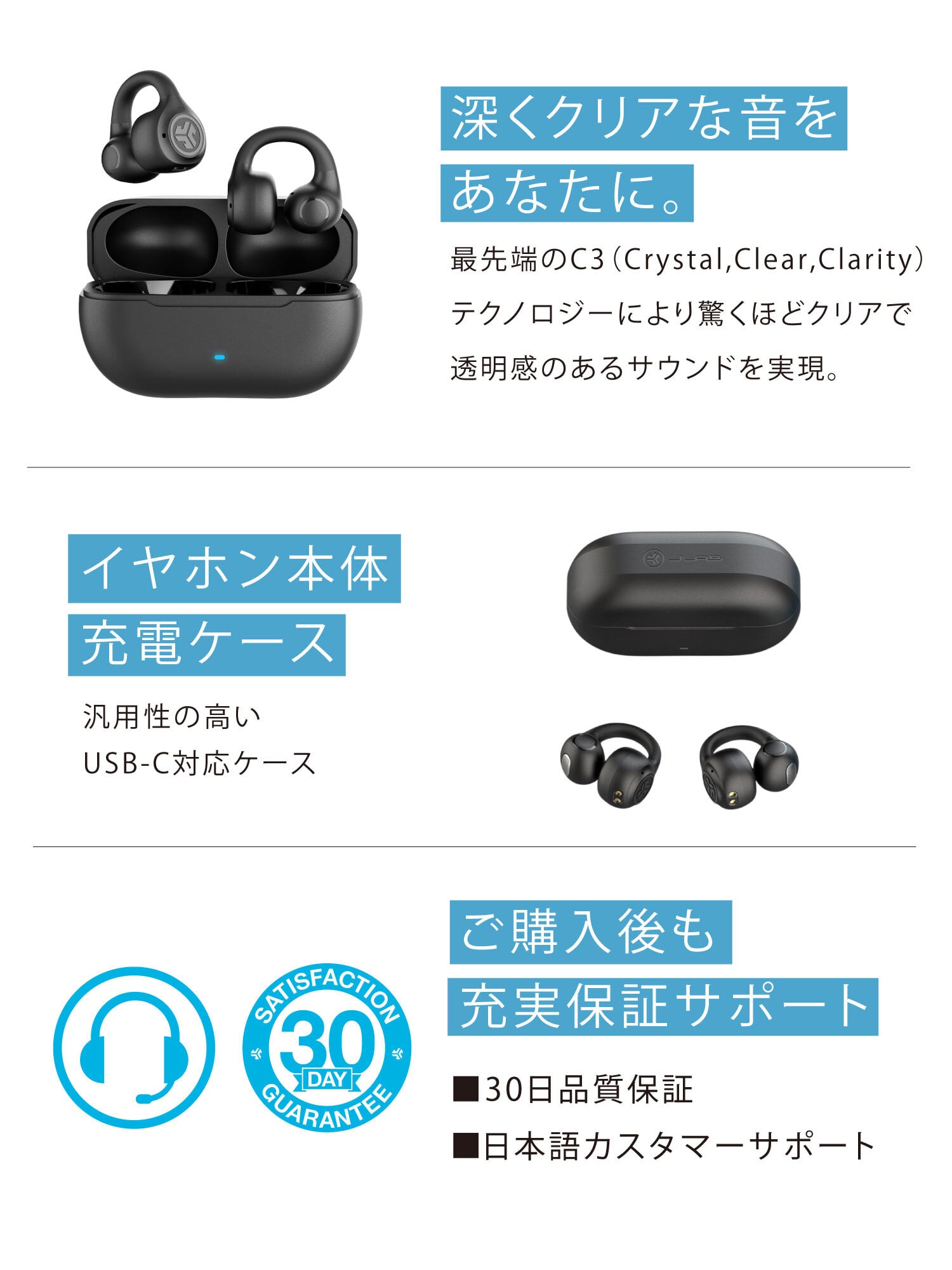 【JLab ジェイラブ】 Flex イヤーカフ イヤホン Bluetooth 防水 通話 マルチポイント 耳をふさがない オープンイヤー IPX4 USB-C マイク付き 12mmダイナミックドライバー iPhone Android 通勤 通学 移動 ジム 最大21時間連続再生 JLabJapan公式2年保証