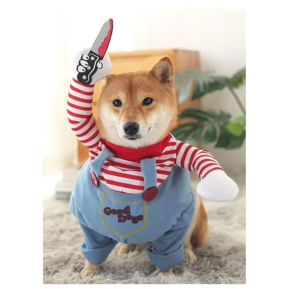 犬服 ハロウィン コスプレ 犬用 コスチューム ホラー チャッキー風 仮装 衣装 ナイフ付き かわいい おもしろ ペット服 小型犬 中型犬 柴犬 トイプードル ビションフリーゼ 写真撮影 SNS映え パーティー XS S M L XL
