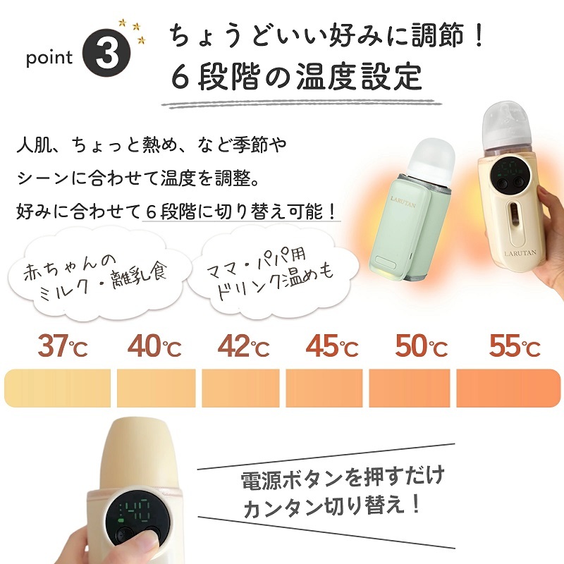 モバイルミルクウォーマー LARUTAN USB ミルクウォーマー ボトルウォーマー 哺乳瓶ウォーマー ミルク 保温 バッテリー 温め 充電式 持ち運び 携帯 外出 便利 充電 赤ちゃん ポータブル 授乳用品・ベビー用食事用品 送料無料