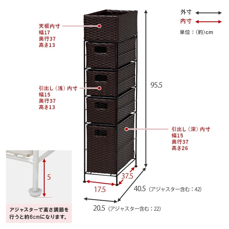 収納家具 ラック ランドリー 5段 幅20.5cm カゴ 洗濯かご 4個つき 洗濯機 収納 おしゃれ スリム 縦型 洗濯機収納 ランドリー収納 ホワイト グレー 収納棚 洗濯物 洗面所 脱衣所