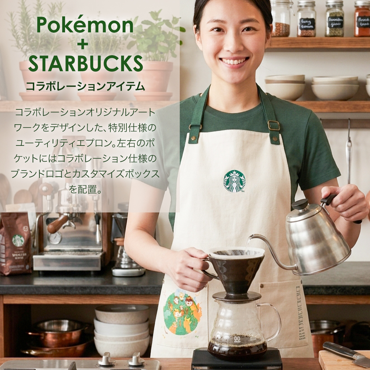 スターバックス ポケモン エプロン 大人用 メンズ レディース 綿100% グレー ポケット付き スタバ コラボ ユーティリティエプロン コーヒーコネクション STARBUCKS