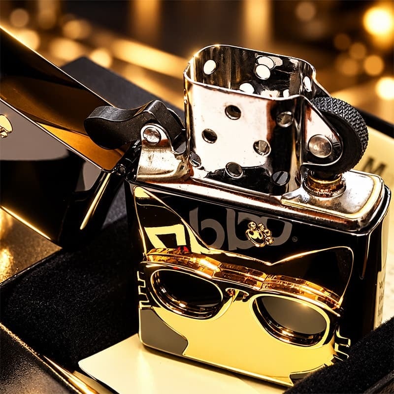 ZIPPO 猫 ライター サングラス 可愛い ジッポ ネコ ユニーク 足跡 ブラックニッケル キャット メタル貼り かわいい ねこ 金差し ゴールド レディース ギフト メンズ 女性 プレゼント