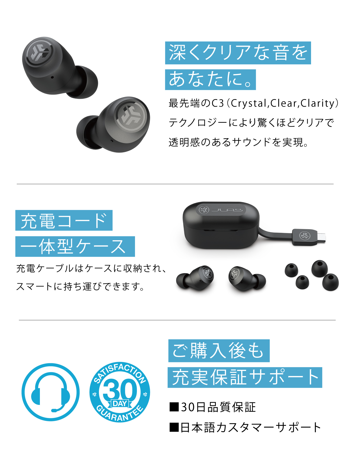 【JLab ジェイラブ】Go Pop＋ ワイヤレスイヤホン コンパクト 防水 小さい Bluetooth 最大35時間再生 誕生日 プレゼント ギフト おしゃれ 就職祝い 記念品 仕事 転職 退職 軽量 ジム マラソン コスパ 家事 散歩 通学 通勤 ウォーキング ヨガ ランニング iPhone Android 充電コード一体型ケース 透明 13カラー展開