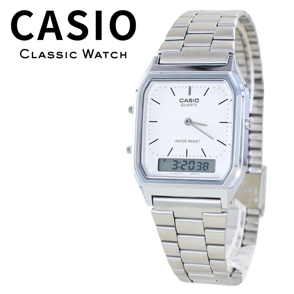 箱なし カシオ 腕時計 メンズ レディース CASIO ホワイト 白 シルバー アナデジ メタル 海外モデル 逆輸入 スクエア レトロ 薄型 デュアルタイム ストップウォッチ アラーム 仕事 通学 誕生日 プレゼント ギフト 成人 卒業 入学
