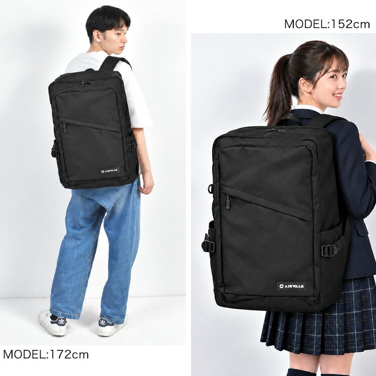 リュック Airwalk エアウォーク バックパック メンズ レディース 52L 大容量 リュックサック 大きい ボックス型 スクエア型 A4 A3 PC 収納 ポケット 部活 出張 旅行 通勤 通学 修学旅行 林間学校 3泊 4泊 アウトドア スポーツ ブランド シンプル 高校生 無地 黒 ブラック
