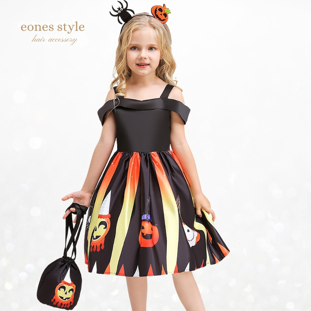 ハロウィン 衣装 子供ドレス 子供用 ハロウィンコスプレ 仮装 魔法使い 可愛い 魔女コスプレ コスチューム ワンピース ミモレ丈 コスプレ衣装 ドレス ハロウィン仮装 オレンジ ブラック カボチャ 女の子 3点セット 110 120 130 140 (WS015)