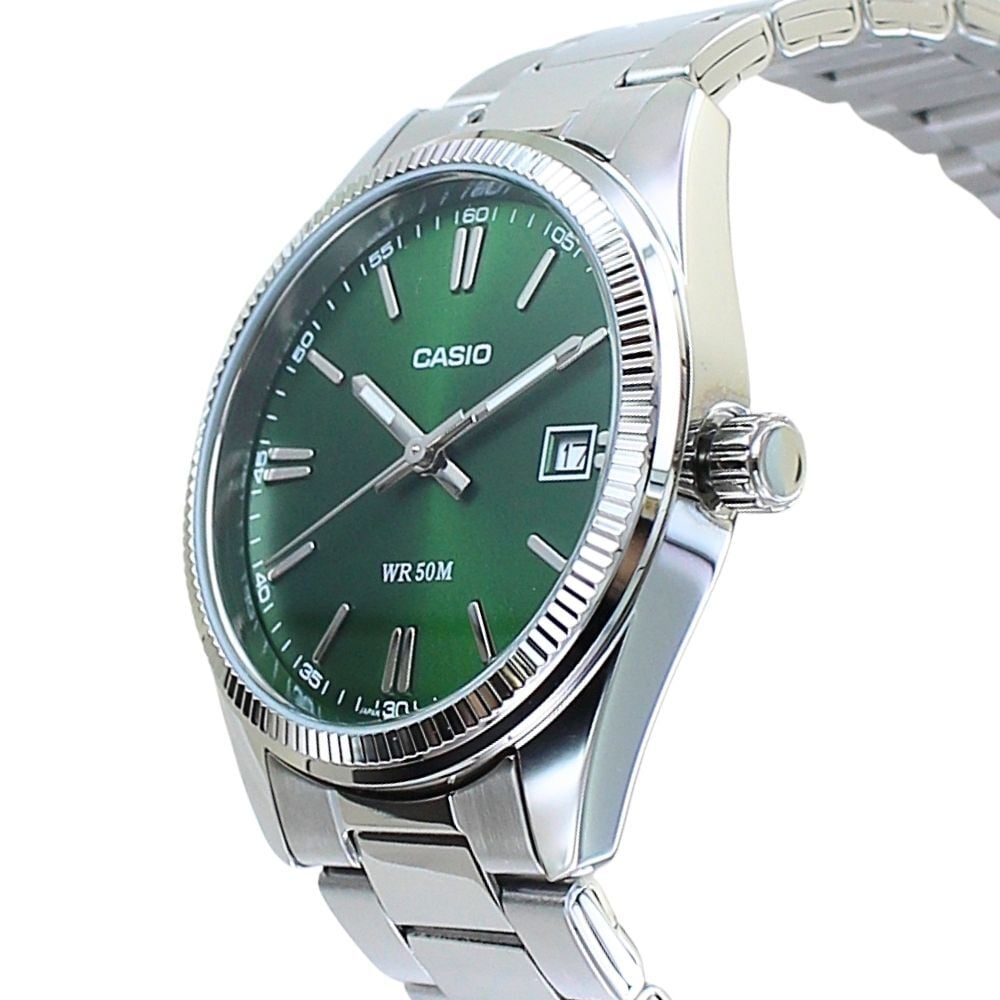 カシオ 腕時計 メンズ レディース シルバー グリーン ユニセックス CASIO 海外モデル 日付表示 50m防水 プレゼント ギフト 収納ケース付き 成人 卒業 入学