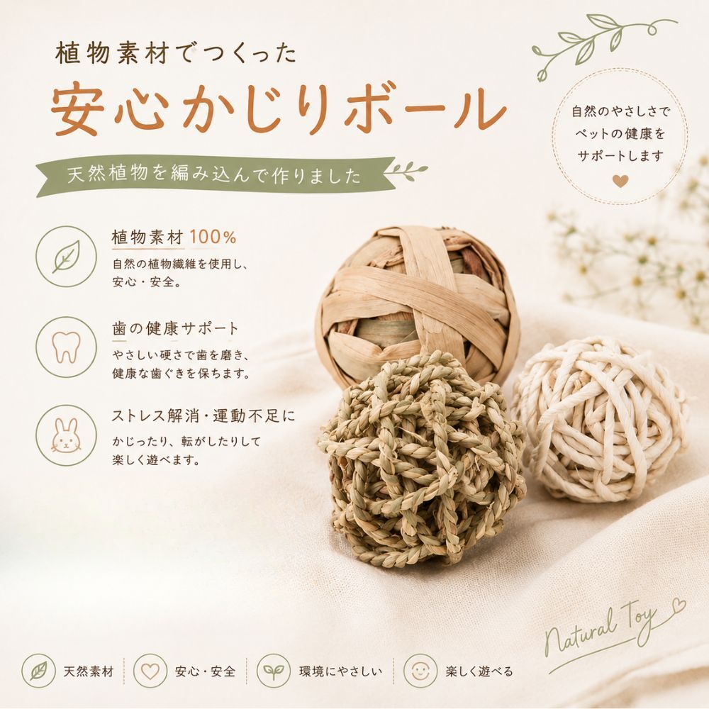 うさぎ かじりボール 4個セット 直径約7cm かじり木 おもちゃ 天然素材 ボール 歯磨き デンタルケア ストレス解消 小動物 ペット おもちゃ モルモット チンチラ ハムスター うさぎ用品