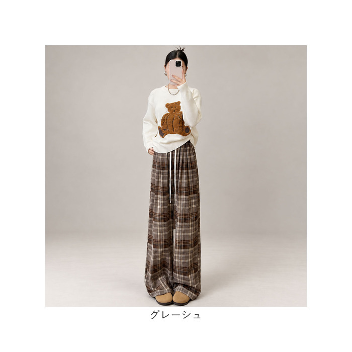イージーパンツ レディース 通販 ワイドパンツ ワイドストレート ウエストゴム リラックスパンツ チェック柄 ワンマイルウェア ルームウェア ロングパンツ ストレートパンツ ゆったり 体型カバー 薄手 紐調節 秋冬 春秋 大人カジュアル レディースボトムス