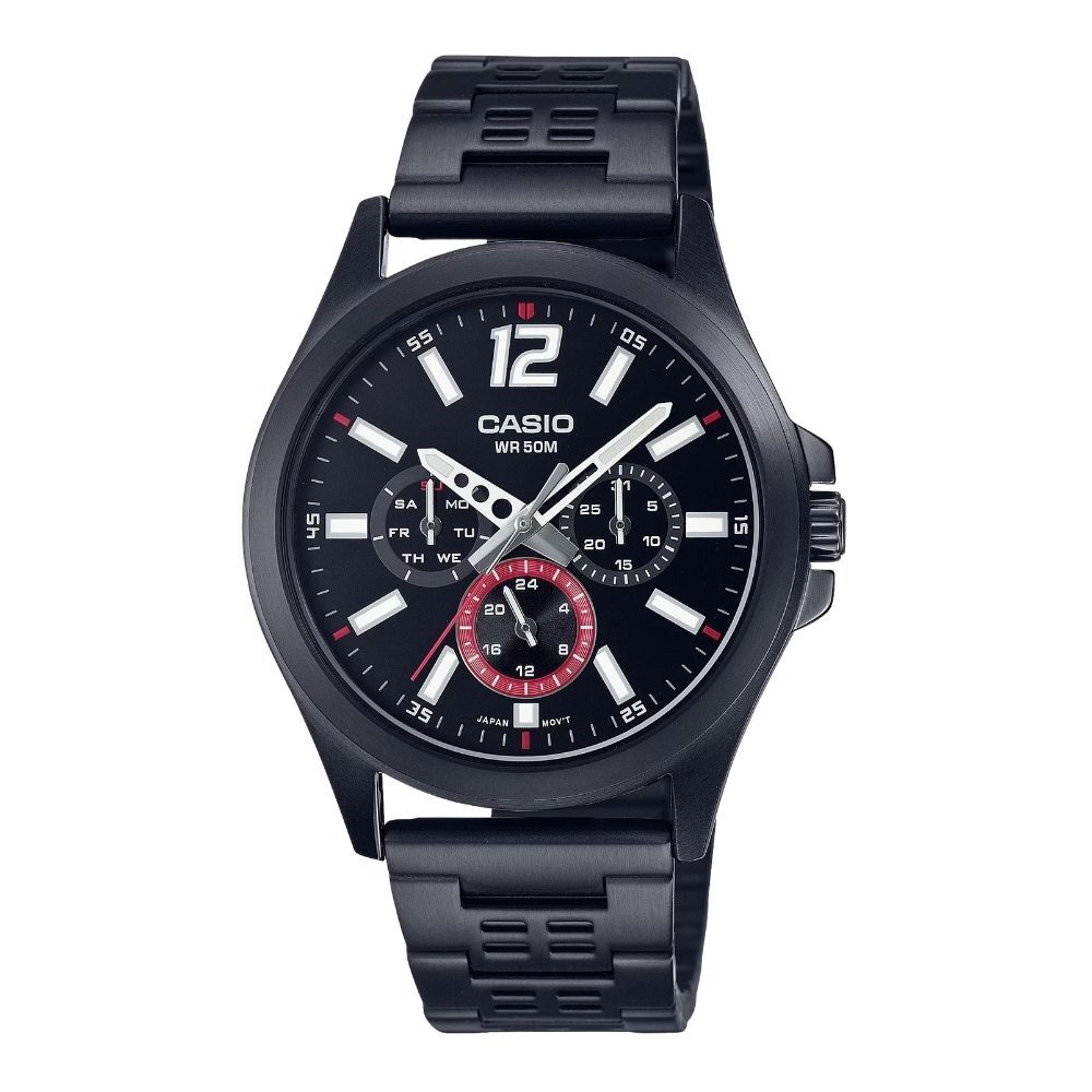 希少デザイン カシオ 腕時計 メンズ ブラック レッド 希少デザイン CASIO 海外モデル アナログ 曜日 日付 24時間計 50m防水 メタル ステンレス スポーツ プレゼント ギフト 収納ケース付き 成人 卒業 入学