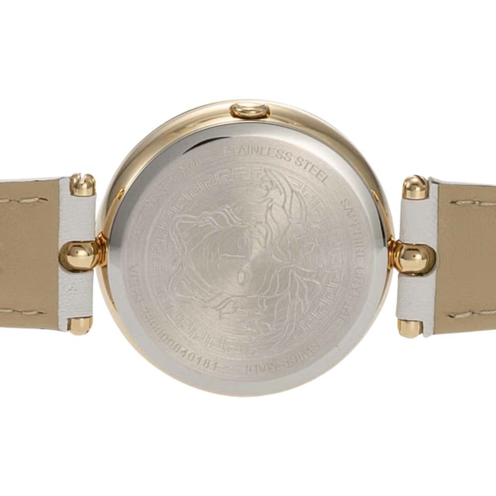 ヴェルサーチェ 腕時計 レディース ホワイト ゴールド 34mm VERSACE PALAZZO EMPIRE パラッツォ エンパイア 立体 メデューサ 白 レザー 革ベルト スイス製 高級 ブランド おしゃれ プレゼント ギフト 卒業 入学 お祝い