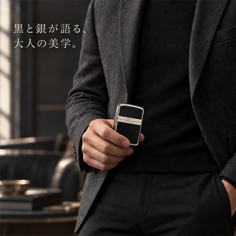 ZIPPO ライター ジッポ 1941 復刻 レプリカ シルバー＆ブラック 黒銀 スタンダード 両面加工 かっこいい おしゃれ シンプル 丸角 メンズ ギフト