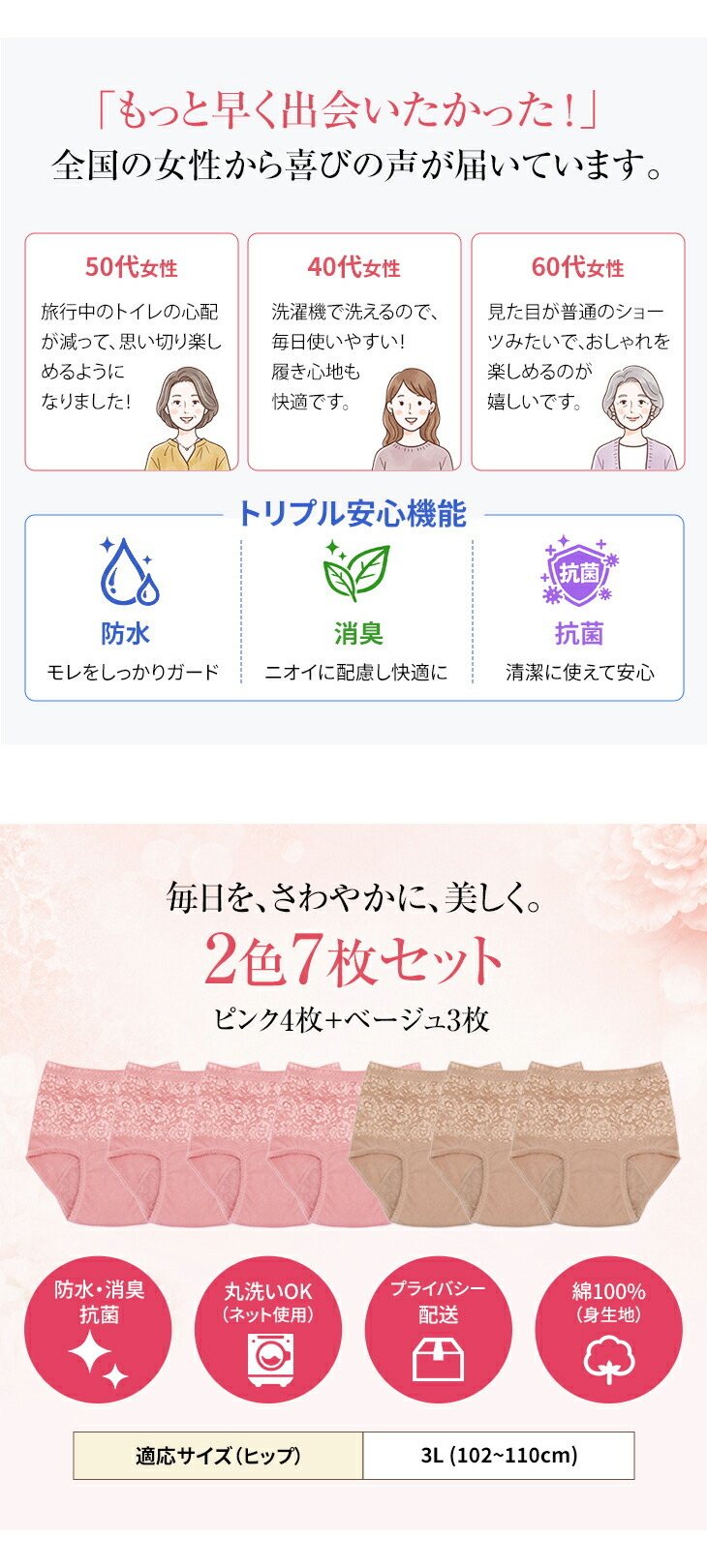 さわやか安心花柄レース深ばき安心ショーツ 2色7枚組 大吸収用 3L