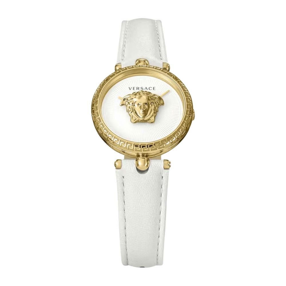 ヴェルサーチェ 腕時計 レディース ホワイト ゴールド 34mm VERSACE PALAZZO EMPIRE パラッツォ エンパイア 立体 メデューサ 白 レザー 革ベルト スイス製 高級 ブランド おしゃれ プレゼント ギフト 卒業 入学 お祝い