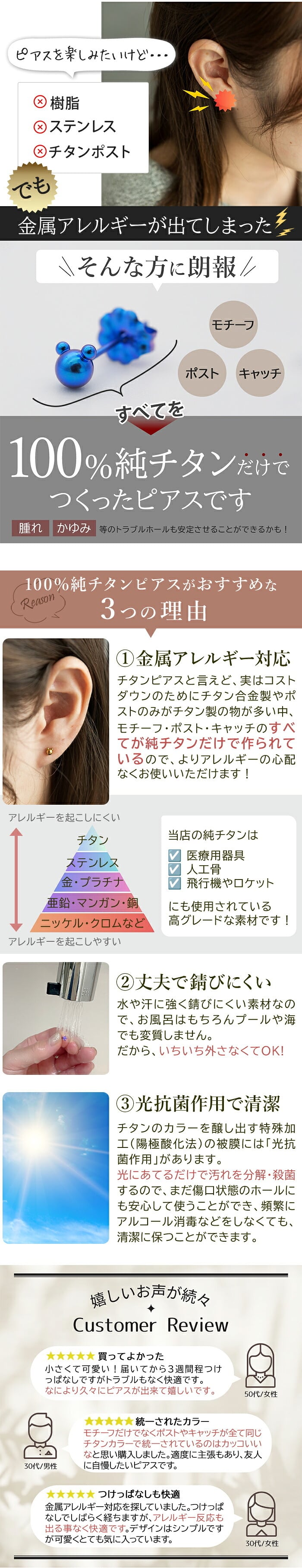 チタン ピアス つけっぱなし セカンドピアス 純チタン クマ 金属アレルギー 日本製 ポスト 軸太0.75mm 長さ10mm 全8色 全品1個ずつバラ売り 医療用 おすすめ かわいい シンプル 小さめ ミニ 極小 人気 メンズ レディース プレゼント