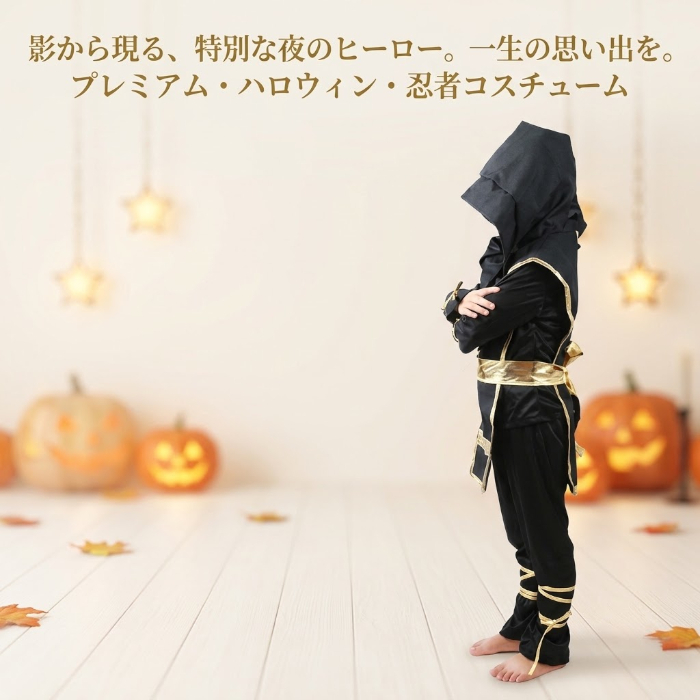 ハロウィン 衣装 子供 忍者 コスチューム キッズ 仮装 コスプレ 忍者仮装 忍者コスプレ 子供用 ハロウィンコスプレ 全身衣装 フード付き 龍柄 ドラゴン 黒 ブラック ゴールド なりきり衣装 イベント パーティー