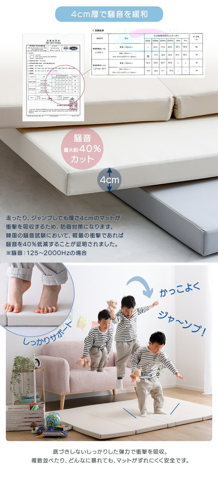 キッズ家具 子供用 キッズ フロア マット Lサイズ 160×200cm 折りたたみ式 PU素材 子ども 子供 赤ちゃん ベビー ヨガマット ストレッチマット 騒音 防音 防水 ヨガ 厚手 4cm おしゃれ 傷防止 体操 運動